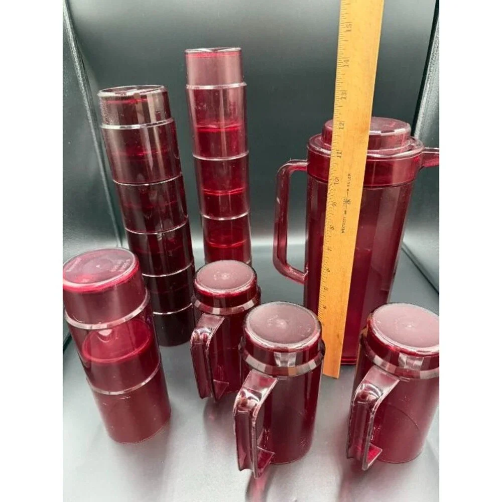 Vintage Tupperware Cranberry Red Ruby Acrylic Pitcher Cups Set 15 Preludio -Rare
